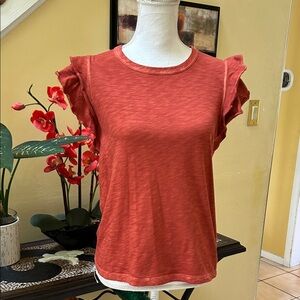 Veronica Beard Rust Orange Crew Neck Ruffle Sleeve Pima Cotton Akeela T Shirt S